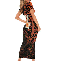 New Zealand Tuatara Plumeria Short Sleeve Bodycon Dress Maori Orange Koru Tribal Tattoo
