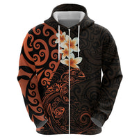 New Zealand Tuatara Plumeria Zip Hoodie Maori Orange Koru Tribal Tattoo