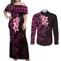 New Zealand Tuatara Plumeria Couples Matching Off Shoulder Maxi Dress and Long Sleeve Button Shirt Maori Pink Koru Tribal Tattoo LT01 Pink - Polynesian Pride