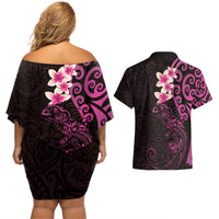 New Zealand Tuatara Plumeria Couples Matching Off Shoulder Short Dress and Hawaiian Shirt Maori Pink Koru Tribal Tattoo LT01 - Polynesian Pride