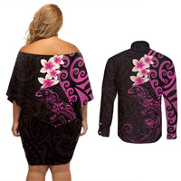 New Zealand Tuatara Plumeria Couples Matching Off Shoulder Short Dress and Long Sleeve Button Shirt Maori Pink Koru Tribal Tattoo LT01 - Polynesian Pride