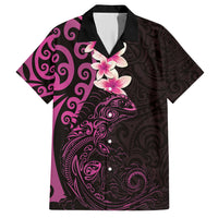 New Zealand Tuatara Plumeria Family Matching Off Shoulder Maxi Dress and Hawaiian Shirt Maori Pink Koru Tribal Tattoo LT01 Dad's Shirt - Short Sleeve Pink - Polynesian Pride