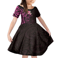New Zealand Tuatara Plumeria Family Matching Short Sleeve Bodycon Dress and Hawaiian Shirt Maori Pink Koru Tribal Tattoo LT01 Daughter's Dress Pink - Polynesian Pride