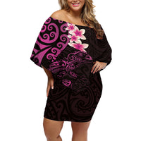 New Zealand Tuatara Plumeria Off Shoulder Short Dress Maori Pink Koru Tribal Tattoo