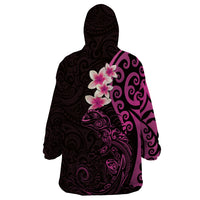 New Zealand Tuatara Plumeria Wearable Blanket Hoodie Maori Pink Koru Tribal Tattoo