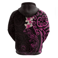New Zealand Tuatara Plumeria Zip Hoodie Maori Pink Koru Tribal Tattoo