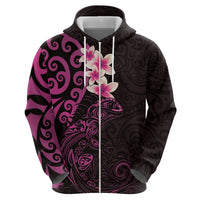 New Zealand Tuatara Plumeria Zip Hoodie Maori Pink Koru Tribal Tattoo