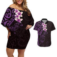 New Zealand Tuatara Plumeria Couples Matching Off Shoulder Short Dress and Hawaiian Shirt Maori Purple Koru Tribal Tattoo LT01 Purple - Polynesian Pride
