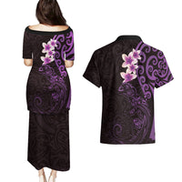 New Zealand Tuatara Plumeria Couples Matching Puletasi and Hawaiian Shirt Maori Purple Koru Tribal Tattoo LT01 - Polynesian Pride
