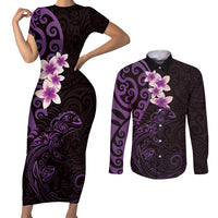 New Zealand Tuatara Plumeria Couples Matching Short Sleeve Bodycon Dress and Long Sleeve Button Shirt Maori Purple Koru Tribal Tattoo LT01 Purple - Polynesian Pride