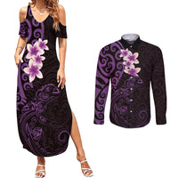 New Zealand Tuatara Plumeria Couples Matching Summer Maxi Dress and Long Sleeve Button Shirt Maori Purple Koru Tribal Tattoo LT01 Purple - Polynesian Pride