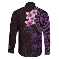 New Zealand Tuatara Plumeria Family Matching Off Shoulder Short Dress and Hawaiian Shirt Maori Purple Koru Tribal Tattoo LT01 - Polynesian Pride