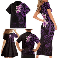 New Zealand Tuatara Plumeria Family Matching Short Sleeve Bodycon Dress and Hawaiian Shirt Maori Purple Koru Tribal Tattoo LT01 - Polynesian Pride