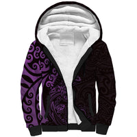 New Zealand Tuatara Plumeria Sherpa Hoodie Maori Purple Koru Tribal Tattoo