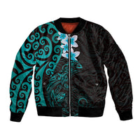 New Zealand Tuatara Plumeria Bomber Jacket Maori Teal Koru Tribal Tattoo