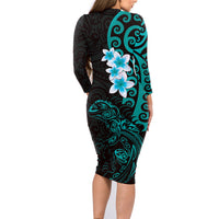 New Zealand Tuatara Plumeria Family Matching Long Sleeve Bodycon Dress and Hawaiian Shirt Maori Teal Koru Tribal Tattoo