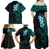 New Zealand Tuatara Plumeria Family Matching Off Shoulder Maxi Dress and Hawaiian Shirt Maori Teal Koru Tribal Tattoo LT01 - Polynesian Pride