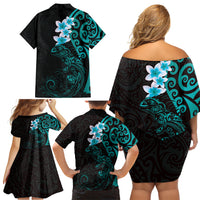 New Zealand Tuatara Plumeria Family Matching Off Shoulder Short Dress and Hawaiian Shirt Maori Teal Koru Tribal Tattoo LT01 - Polynesian Pride