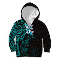 New Zealand Tuatara Plumeria Kid Hoodie Maori Teal Koru Tribal Tattoo