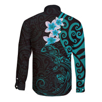 New Zealand Tuatara Plumeria Long Sleeve Button Shirt Maori Teal Koru Tribal Tattoo