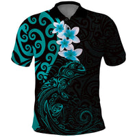 New Zealand Tuatara Plumeria Polo Shirt Maori Teal Koru Tribal Tattoo
