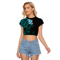 New Zealand Tuatara Plumeria Raglan Cropped T Shirt Maori Teal Koru Tribal Tattoo LT01 Female Teal - Polynesian Pride