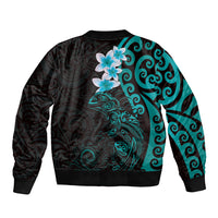 New Zealand Tuatara Plumeria Sleeve Zip Bomber Jacket Maori Teal Koru Tribal Tattoo