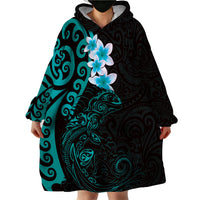 New Zealand Tuatara Plumeria Wearable Blanket Hoodie Maori Teal Koru Tribal Tattoo