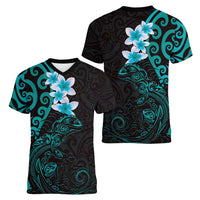 New Zealand Tuatara Plumeria Women V-Neck T-Shirt Maori Teal Koru Tribal Tattoo LT01 - Polynesian Pride