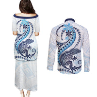 Blue Maori Tuatara Couples Matching Puletasi and Long Sleeve Button Shirt Luxury Pastel Pattern