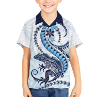 Blue Maori Tuatara Family Matching Short Sleeve Bodycon Dress and Hawaiian Shirt Luxury Pastel Pattern LT01 Son's Shirt Blue - Polynesian Pride