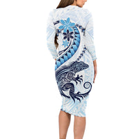 Blue Maori Tuatara Long Sleeve Bodycon Dress Luxury Pastel Pattern LT01 - Polynesian Pride