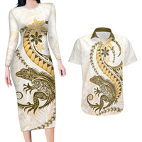 Gold Maori Tuatara Couples Matching Long Sleeve Bodycon Dress and Hawaiian Shirt Luxury Pastel Pattern