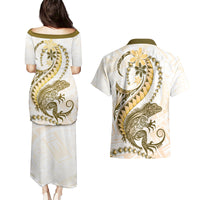 Gold Maori Tuatara Couples Matching Puletasi and Hawaiian Shirt Luxury Pastel Pattern