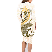 Gold Maori Tuatara Family Matching Long Sleeve Bodycon Dress and Hawaiian Shirt Luxury Pastel Pattern