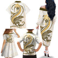 Gold Maori Tuatara Family Matching Off The Shoulder Long Sleeve Dress and Hawaiian Shirt Luxury Pastel Pattern
