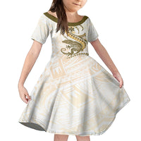 Gold Maori Tuatara Family Matching Puletasi and Hawaiian Shirt Luxury Pastel Pattern LT01 Daughter's Dress Gold - Polynesian Pride