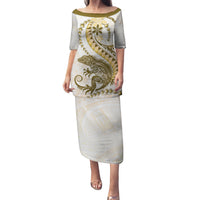 Gold Maori Tuatara Family Matching Puletasi and Hawaiian Shirt Luxury Pastel Pattern LT01 Mom's Dress Gold - Polynesian Pride