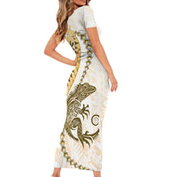 Gold Maori Tuatara Family Matching Short Sleeve Bodycon Dress and Hawaiian Shirt Luxury Pastel Pattern LT01 - Polynesian Pride