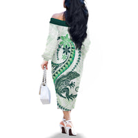 Green Maori Tuatara Family Matching Off The Shoulder Long Sleeve Dress and Hawaiian Shirt Luxury Pastel Pattern