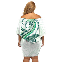 Green Maori Tuatara Off Shoulder Short Dress Luxury Pastel Pattern