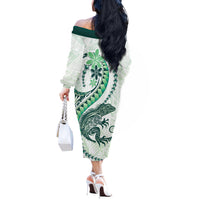 Green Maori Tuatara Off The Shoulder Long Sleeve Dress Luxury Pastel Pattern