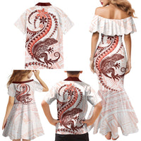 Red Maori Tuatara Family Matching Mermaid Dress and Hawaiian Shirt Luxury Pastel Pattern LT01 - Polynesian Pride