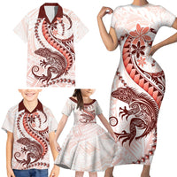 Red Maori Tuatara Family Matching Short Sleeve Bodycon Dress and Hawaiian Shirt Luxury Pastel Pattern LT01 - Polynesian Pride