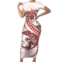 Red Maori Tuatara Family Matching Short Sleeve Bodycon Dress and Hawaiian Shirt Luxury Pastel Pattern LT01 Mom's Dress Red - Polynesian Pride