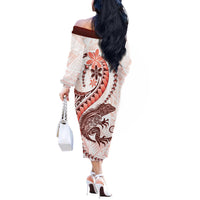Red Maori Tuatara Off The Shoulder Long Sleeve Dress Luxury Pastel Pattern