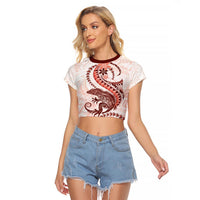 Red Maori Tuatara Raglan Cropped T Shirt Luxury Pastel Pattern LT01 Female Red - Polynesian Pride