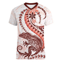 Red Maori Tuatara Women V-Neck T-Shirt Luxury Pastel Pattern LT01 Female Red - Polynesian Pride