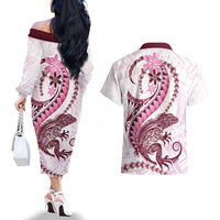 Pink Maori Tuatara Couples Matching Off The Shoulder Long Sleeve Dress and Hawaiian Shirt Luxury Pastel Pattern