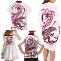 Pink Maori Tuatara Family Matching Long Sleeve Bodycon Dress and Hawaiian Shirt Luxury Pastel Pattern
